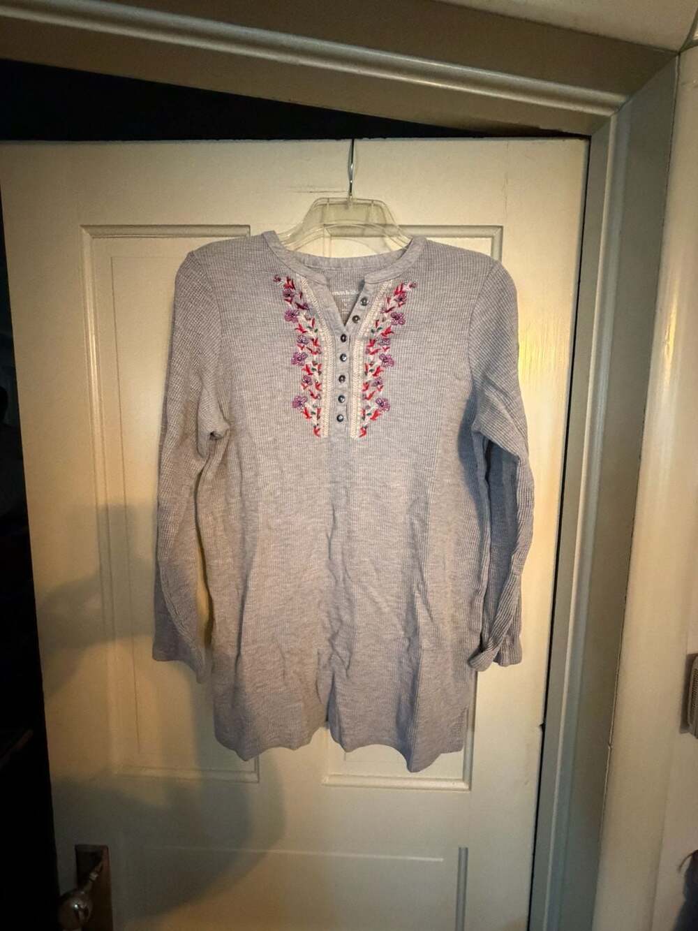 Woman Within Women's Floral Embroidered Waffle Thermal Henley Top
